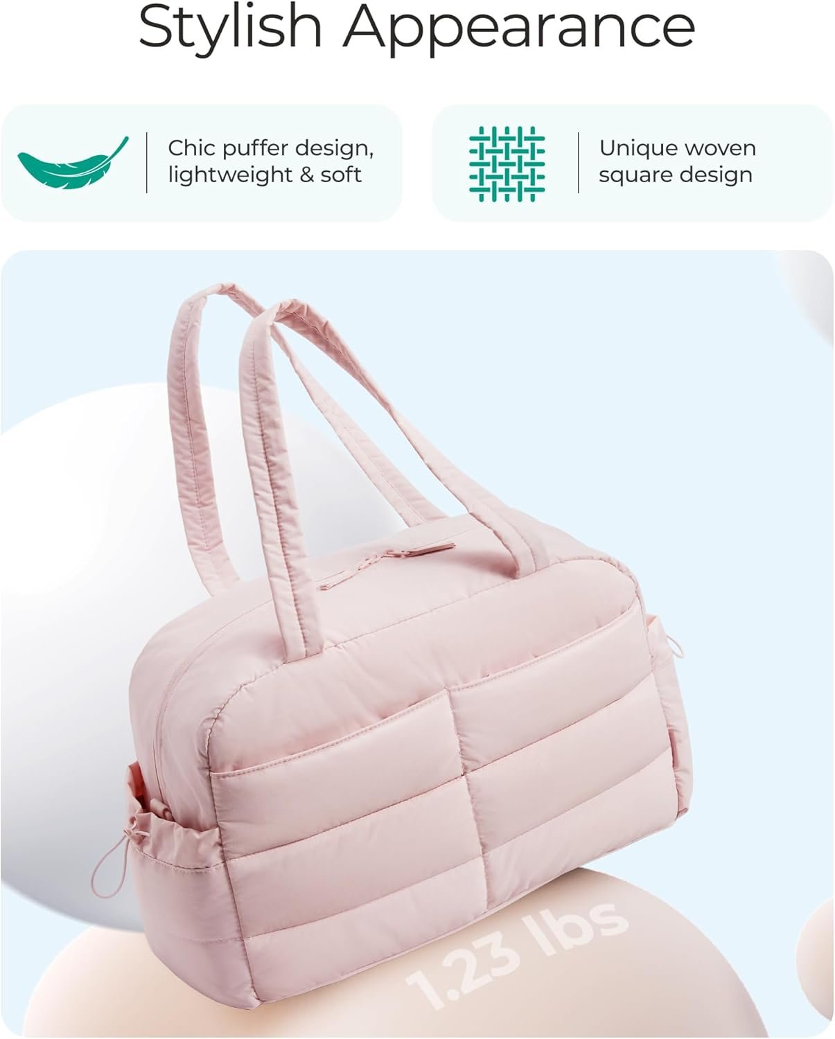 BAGSMART Gym Bag for Women, Lightweight Puffer Duffle Bag 2-PC Travel Bag, 31L Weekender Overnight Bag Quilted Carry On Tote Bag, Diaper Hospital Dance bag for Travel, Gym, Water Resistant, Pink - Image 7