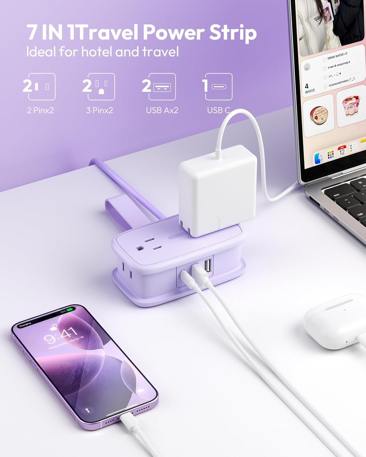 NTONPOWER Purple Travel Power Strip,Travel Essentials 4 Outlets 3 USB(1 C) with 4FT Wrapped Extension Cord Flat Plug, Cruise Essentials 2026 for Hotel Travel Cruise Essentials - Image 4