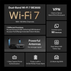 TP-Link BE3600 Wi-Fi 7 Portable Travel Router TL-WR3602BE | Dual-Band, 2.5 Gig P...
