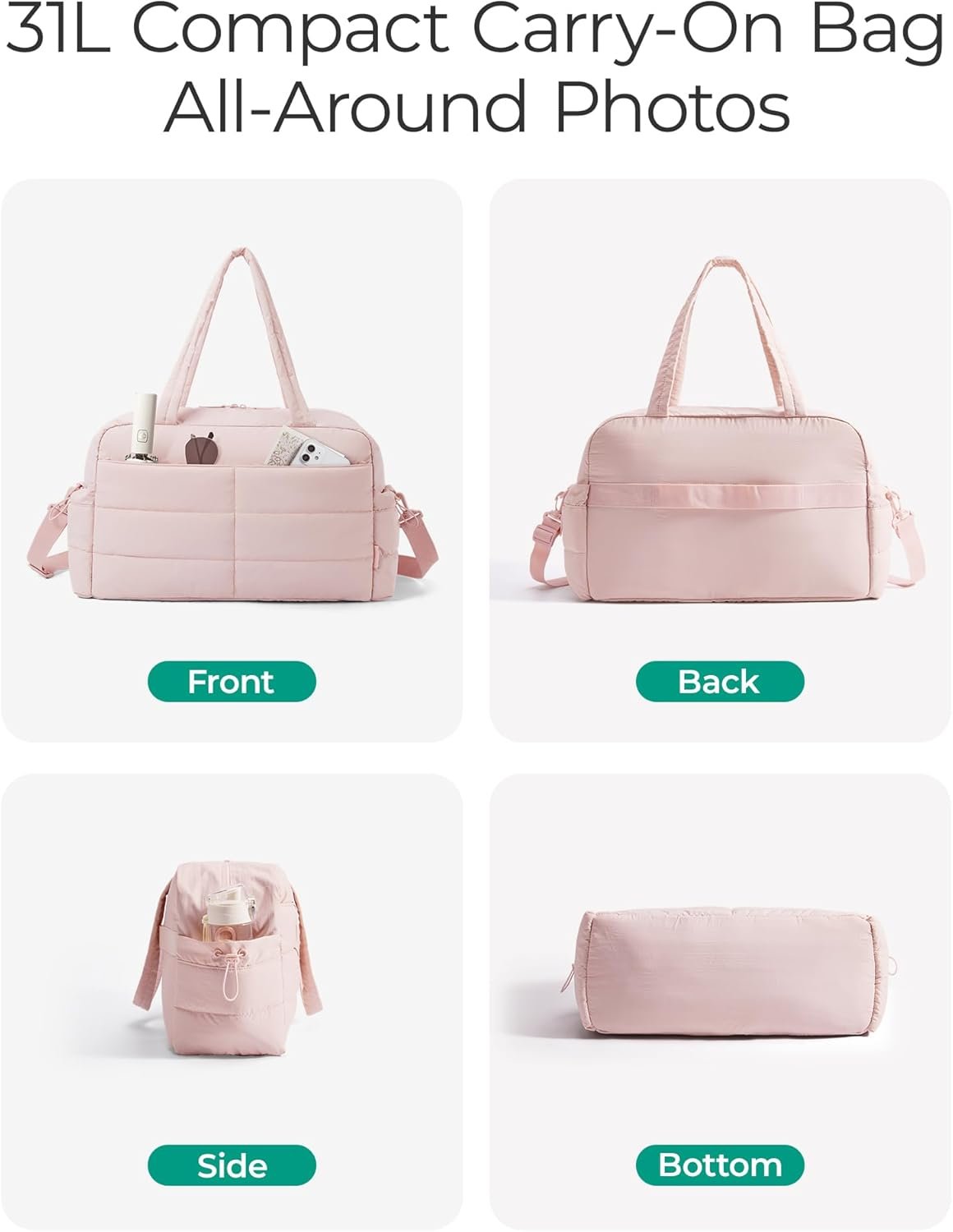 BAGSMART Gym Bag for Women, Lightweight Puffer Duffle Bag 2-PC Travel Bag, 31L Weekender Overnight Bag Quilted Carry On Tote Bag, Diaper Hospital Dance bag for Travel, Gym, Water Resistant, Pink - Image 5