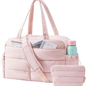 BAGSMART Gym Bag for Women, Lightweight Puffer Duffle Bag 2-PC Travel Bag, 31L Weekender Overnight Bag Quilted Carry On Tote Bag, Diaper Hospital Dance bag for Travel, Gym, Water Resistant, Pink