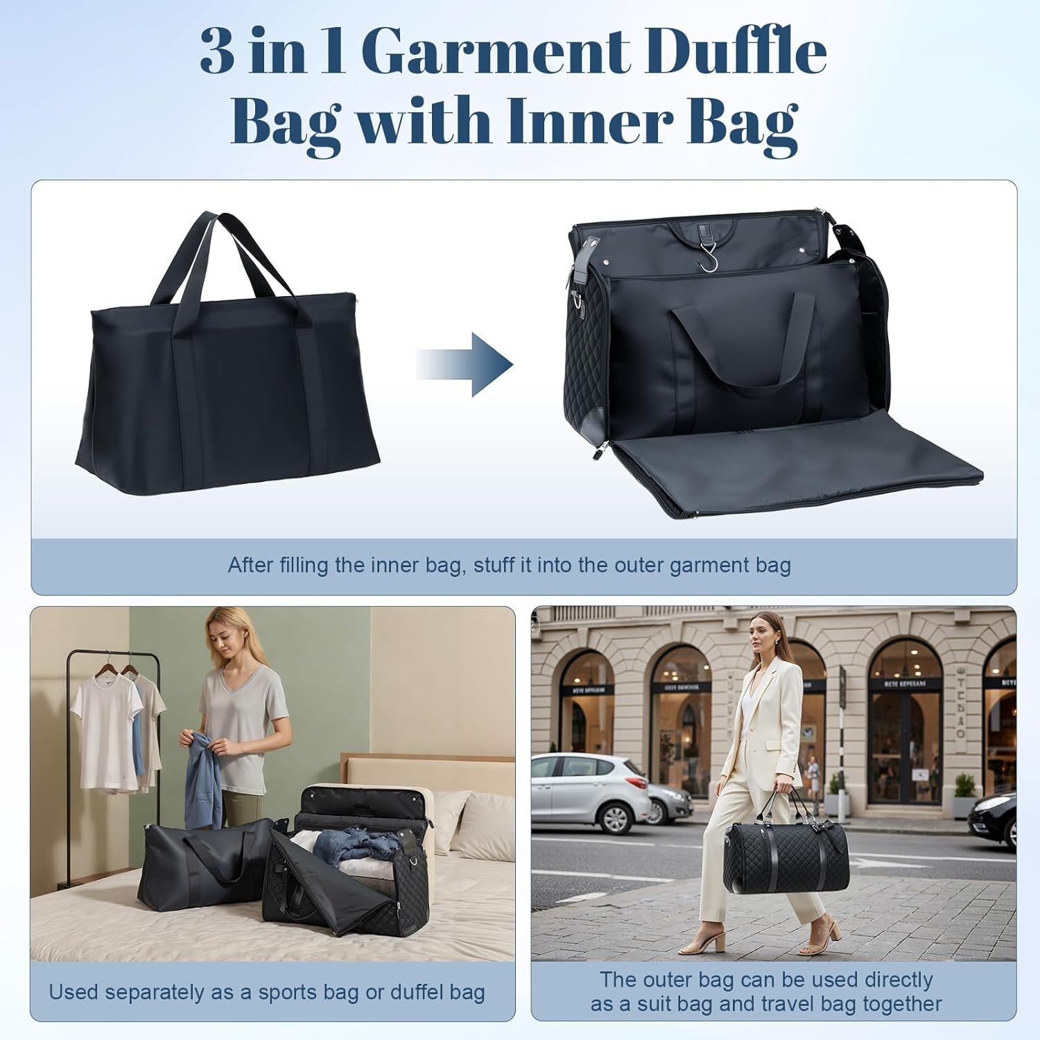 GARPROVM Garment Duffle Bags for Travel Women, 3 in 1 Convertible Garment Bags 2 Bags Design with Separated Tote Bag, Waterproof Carry On Luggage Weekender Bag for Wrinkle-Free Business Trip, Black - Image 3