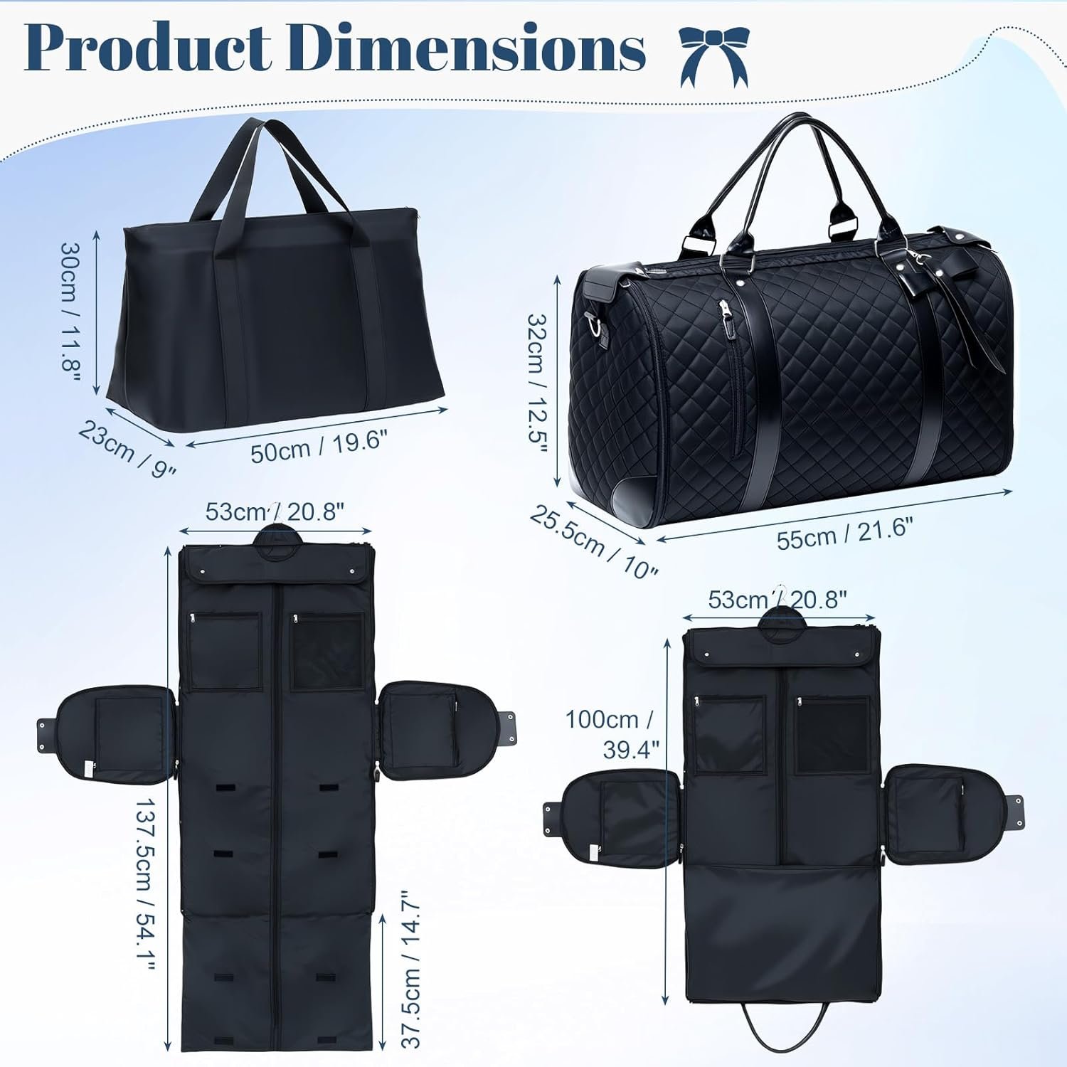 GARPROVM Garment Duffle Bags for Travel Women, 3 in 1 Convertible Garment Bags 2 Bags Design with Separated Tote Bag, Waterproof Carry On Luggage Weekender Bag for Wrinkle-Free Business Trip, Black - Image 2