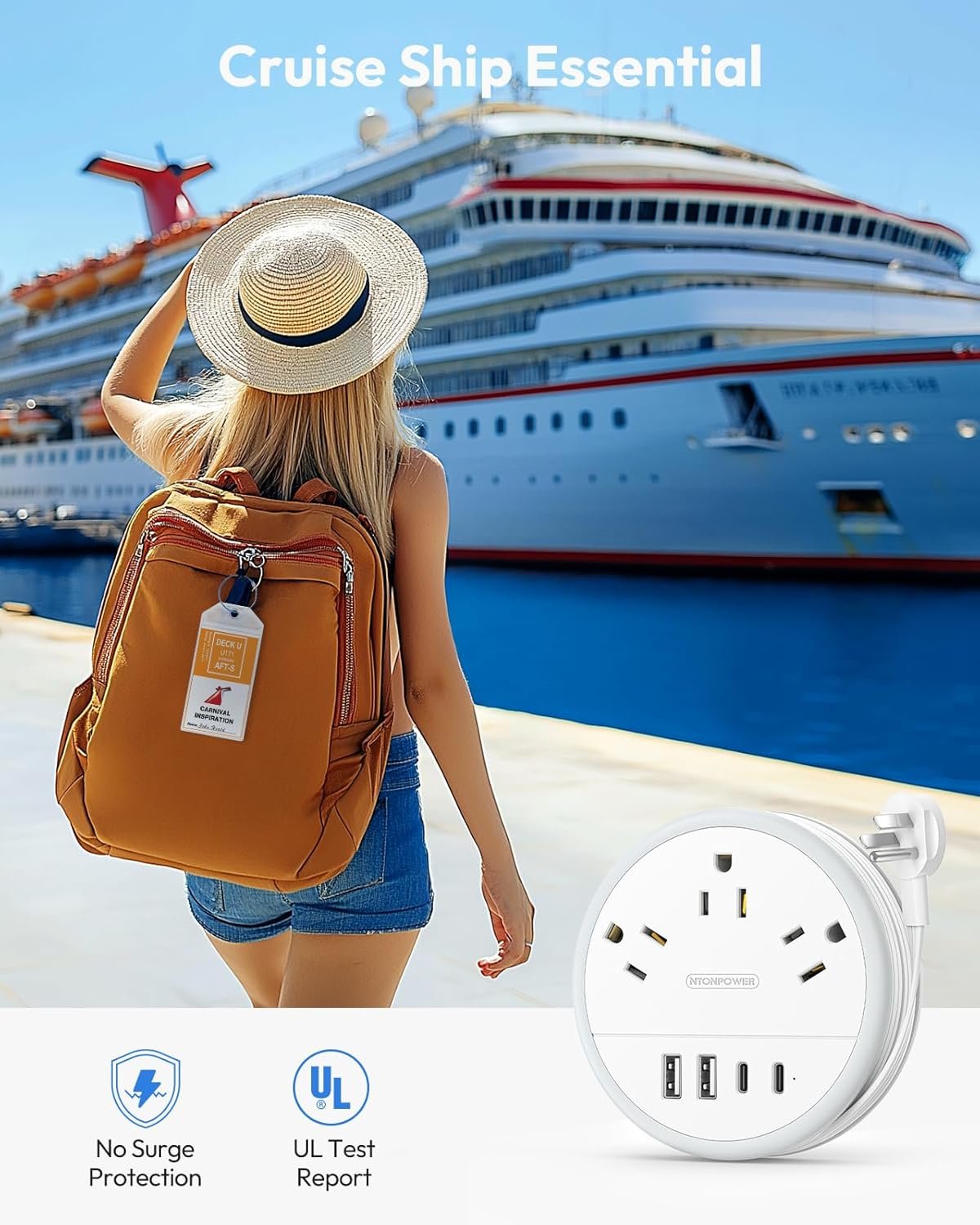 NTONPOWER Travel Power Strip, Travel Essentials, Cruise Essentials 3 Outlets 4 USB Ports(2 USB C), 4FT Wrapped Around Extension Cord for Travel Cruise Ship Beach Vacation Essentials White - Image 4
