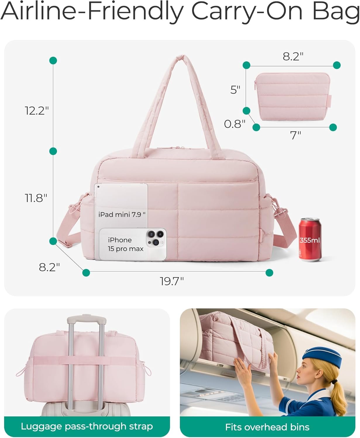 BAGSMART Gym Bag for Women, Lightweight Puffer Duffle Bag 2-PC Travel Bag, 31L Weekender Overnight Bag Quilted Carry On Tote Bag, Diaper Hospital Dance bag for Travel, Gym, Water Resistant, Pink - Image 3