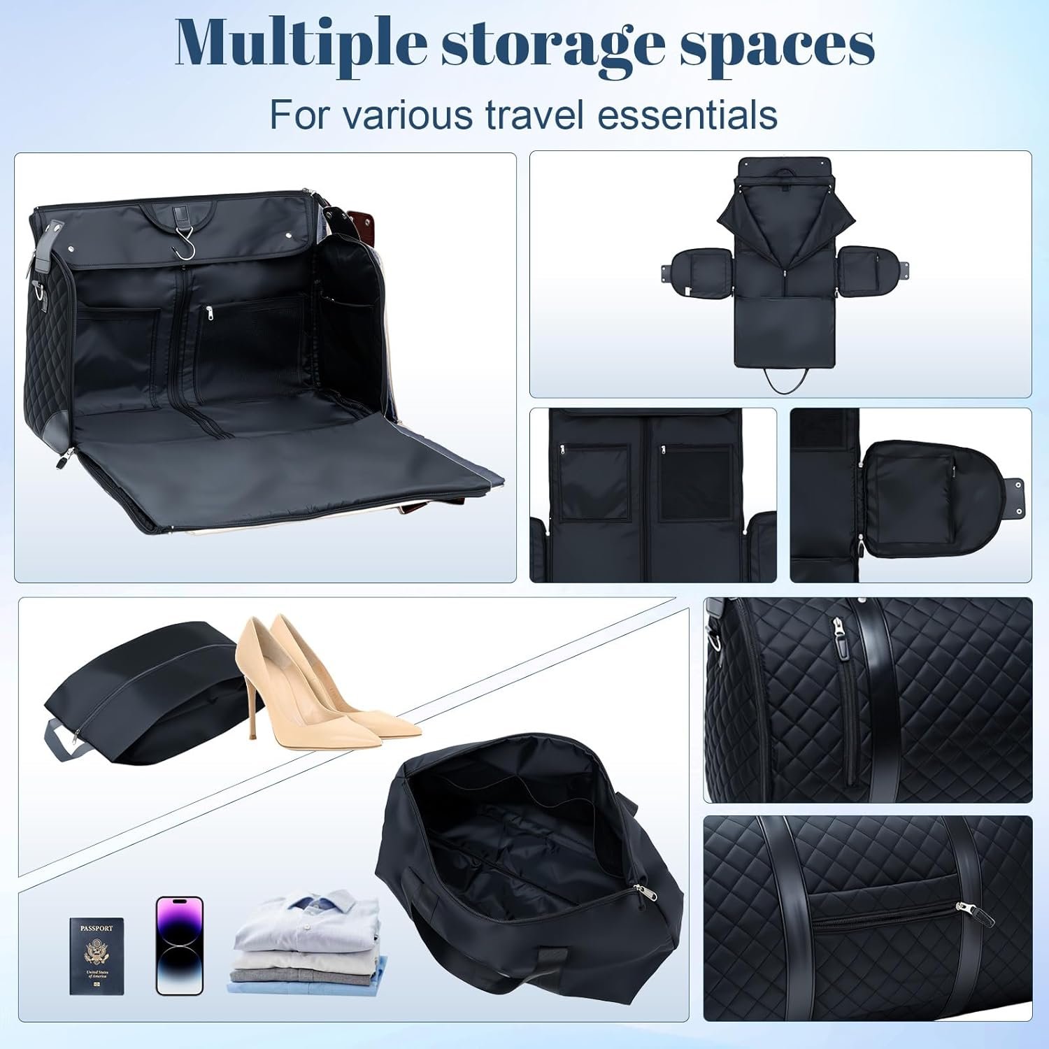 GARPROVM Garment Duffle Bags for Travel Women, 3 in 1 Convertible Garment Bags 2 Bags Design with Separated Tote Bag, Waterproof Carry On Luggage Weekender Bag for Wrinkle-Free Business Trip, Black - Image 7
