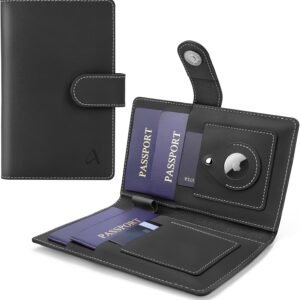 ALLIVE Passport Holder for Travel Family, Genuine Leather Passport Wallet with AirTag Slot, RFID Blocking Travel Document Organizer for Women & Men, Airport Essentials, Family Travel Gift (Black)