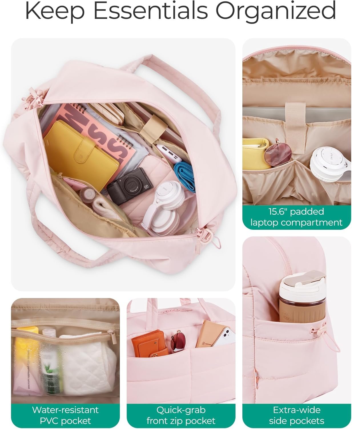 BAGSMART Gym Bag for Women, Lightweight Puffer Duffle Bag 2-PC Travel Bag, 31L Weekender Overnight Bag Quilted Carry On Tote Bag, Diaper Hospital Dance bag for Travel, Gym, Water Resistant, Pink - Image 4