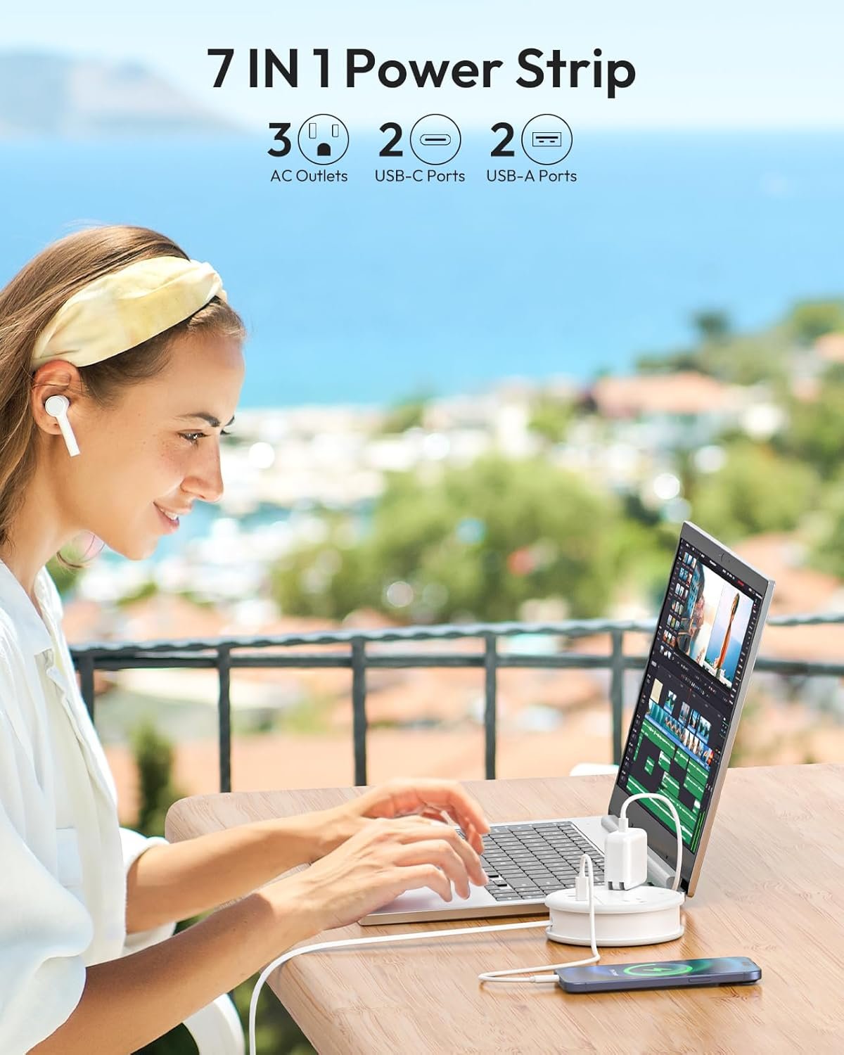 NTONPOWER Travel Power Strip, Travel Essentials, Cruise Essentials 3 Outlets 4 USB Ports(2 USB C), 4FT Wrapped Around Extension Cord for Travel Cruise Ship Beach Vacation Essentials White - Image 3