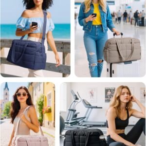 BAGSMART Gym Bag for Women, Lightweight Puffer Duffle Bag 2-PC Travel Bag, 31L Weekender Overnight Bag Quilted Carry On Tote Bag, Diaper Hospital Dance bag for Travel, Gym, Water Resistant, Pink