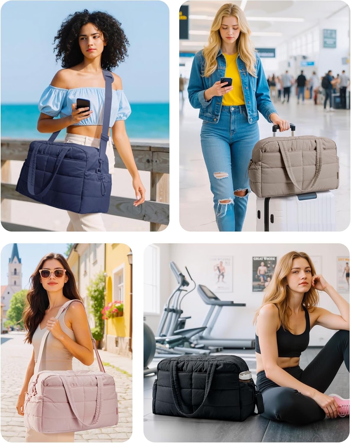 BAGSMART Gym Bag for Women, Lightweight Puffer Duffle Bag 2-PC Travel Bag, 31L Weekender Overnight Bag Quilted Carry On Tote Bag, Diaper Hospital Dance bag for Travel, Gym, Water Resistant, Pink - Image 2