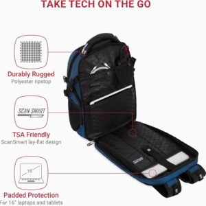 SwissGear Travel Tech Elite Laptop Backpack – Fits Laptops up to 16” – ScanSmart TSA-Friendly Backpack with USB Port, Shoe Compartment & Organizer Pockets – Blue/Black