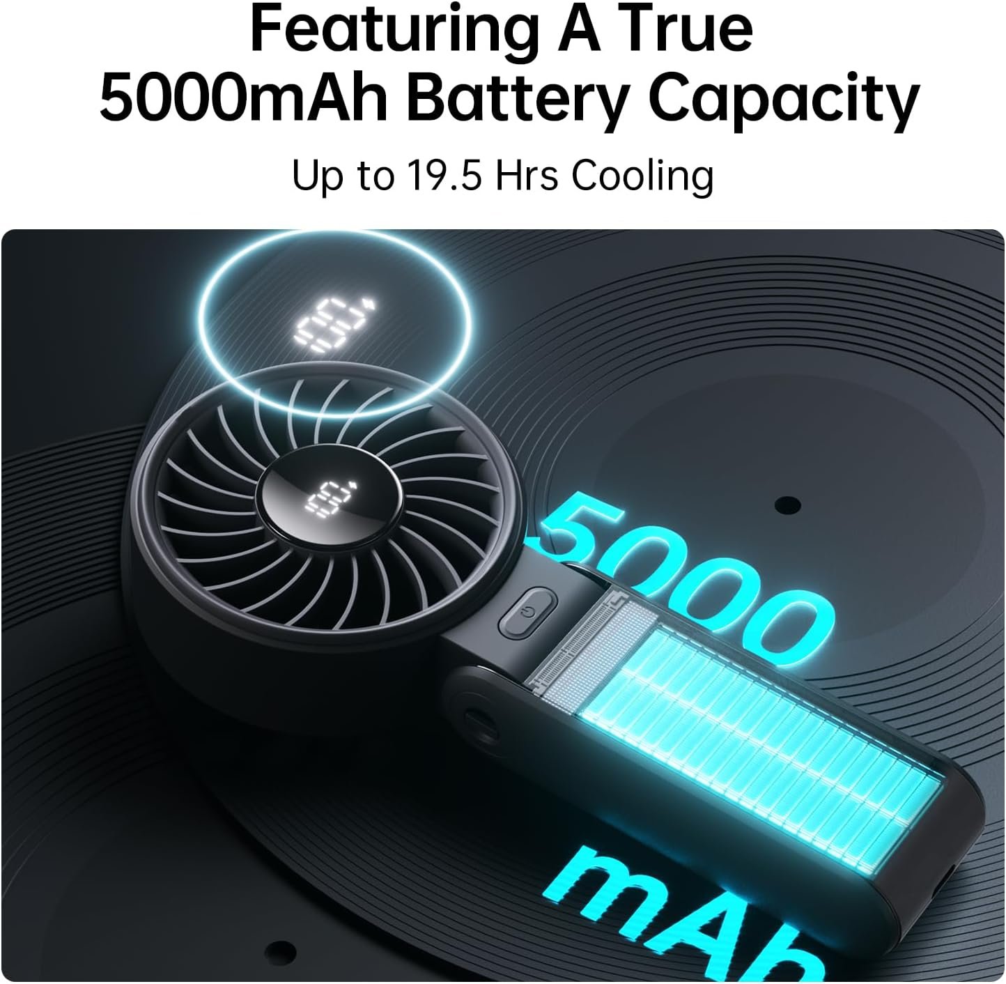 JISULIFE Handheld Fan Life7 – Ultimate Flexibility: High-Power Motor, LED Display, 19.5 Hrs Cooling, 5000mAh Rechargeable, 5-Speed, Foldable Design, 3-IN-1 Portable Fan for Travel Cruise Beach(Black) - Image 4