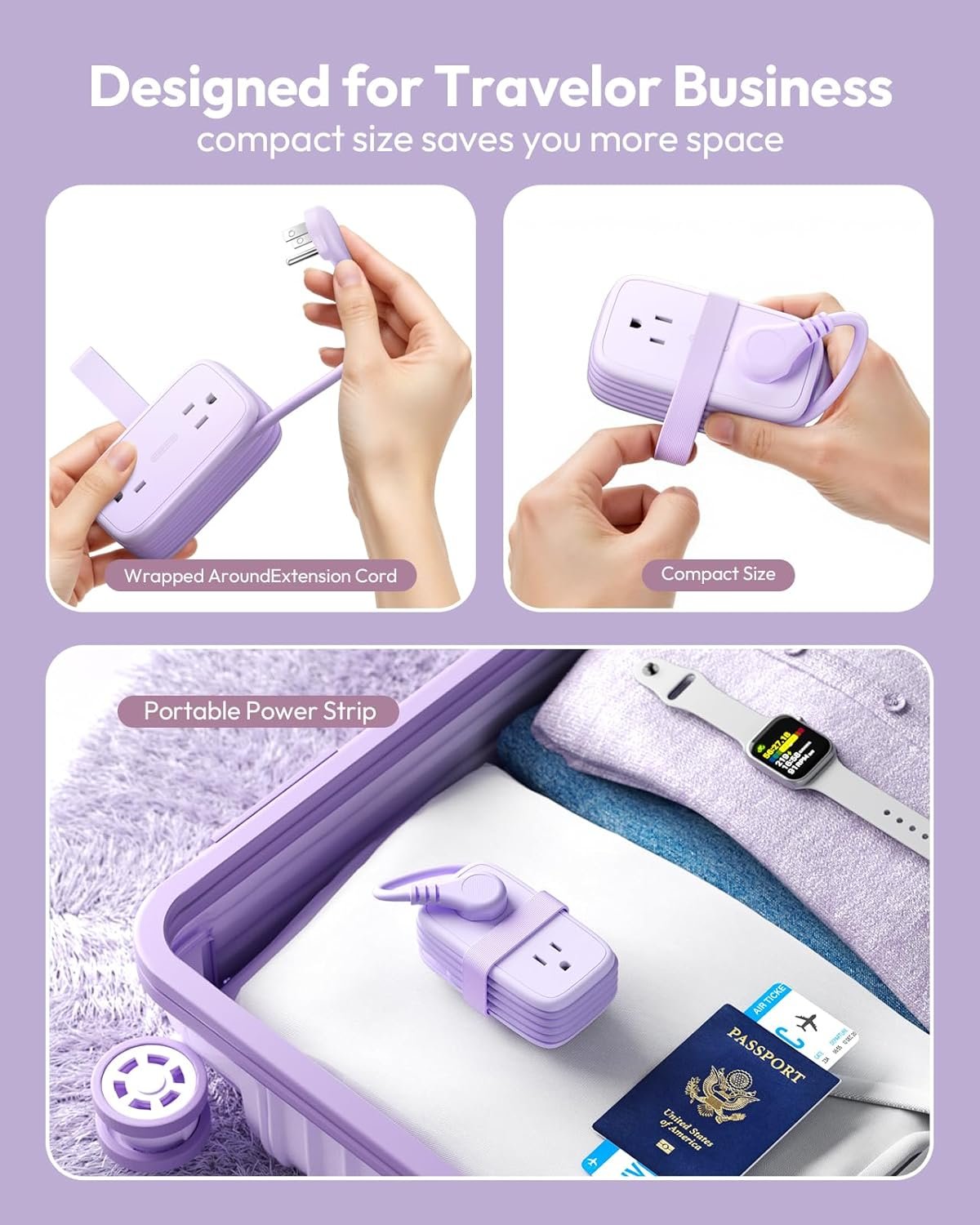 NTONPOWER Purple Travel Power Strip,Travel Essentials 4 Outlets 3 USB(1 C) with 4FT Wrapped Extension Cord Flat Plug, Cruise Essentials 2026 for Hotel Travel Cruise Essentials - Image 3