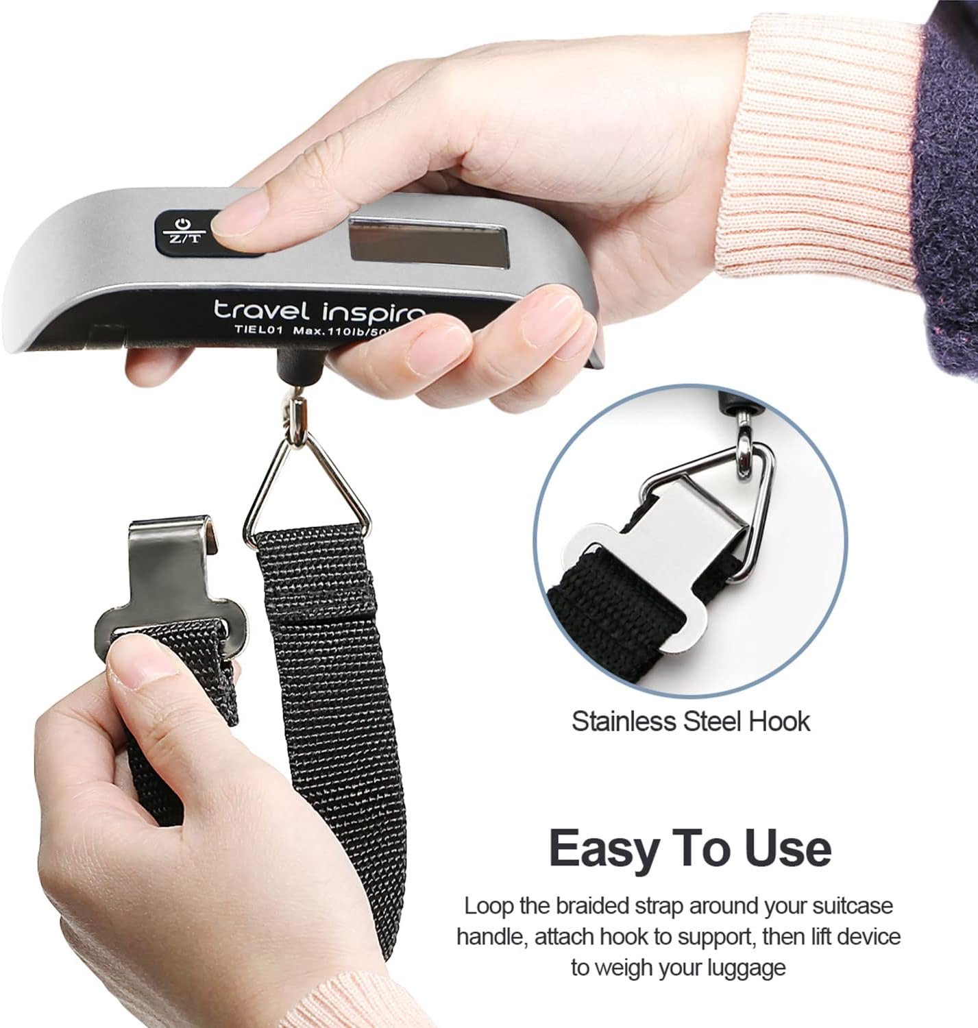 travel inspira Luggage Scale, Portable Digital Hanging Baggage Scale for Travel, Suitcase Weight Scale with Rubber Paint, 110 Pounds, Battery Included - Image 6