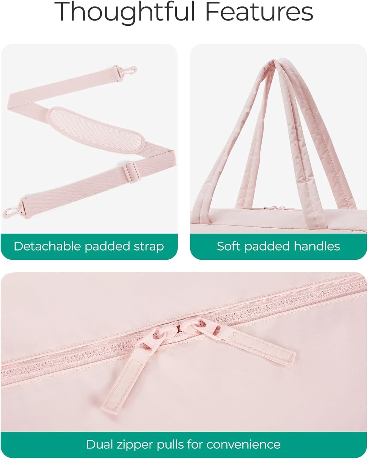 BAGSMART Gym Bag for Women, Lightweight Puffer Duffle Bag 2-PC Travel Bag, 31L Weekender Overnight Bag Quilted Carry On Tote Bag, Diaper Hospital Dance bag for Travel, Gym, Water Resistant, Pink - Image 6