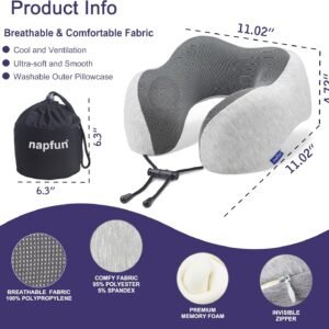 napfun Neck Pillow for Traveling, Upgraded Travel Neck Pillow for Airplane 100% Pure Memory Foam Travel Pillow for Flight Headrest Sleep, Portable Plane Accessories, Light Grey
