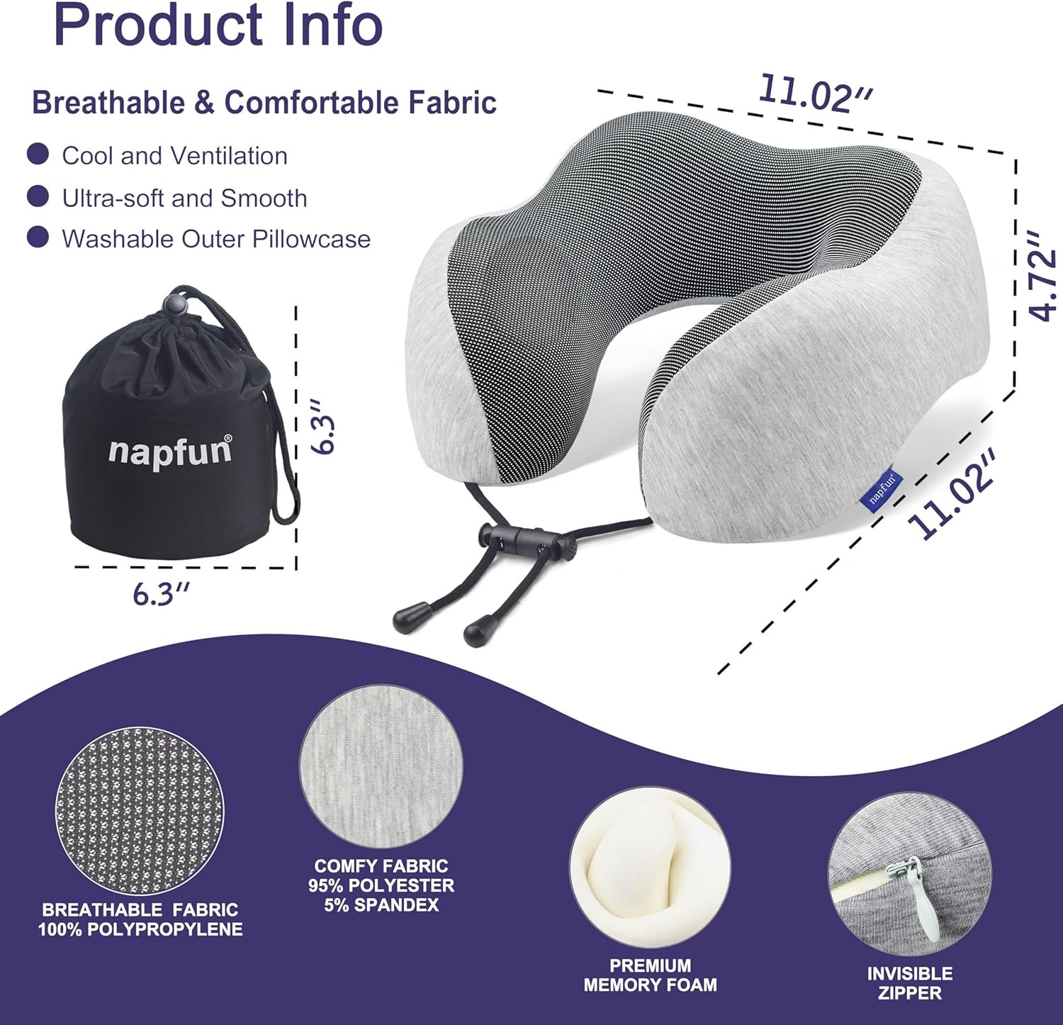 napfun Neck Pillow for Traveling, Upgraded Travel Neck Pillow for Airplane 100% Pure Memory Foam Travel Pillow for Flight Headrest Sleep, Portable Plane Accessories, Light Grey - Image 2