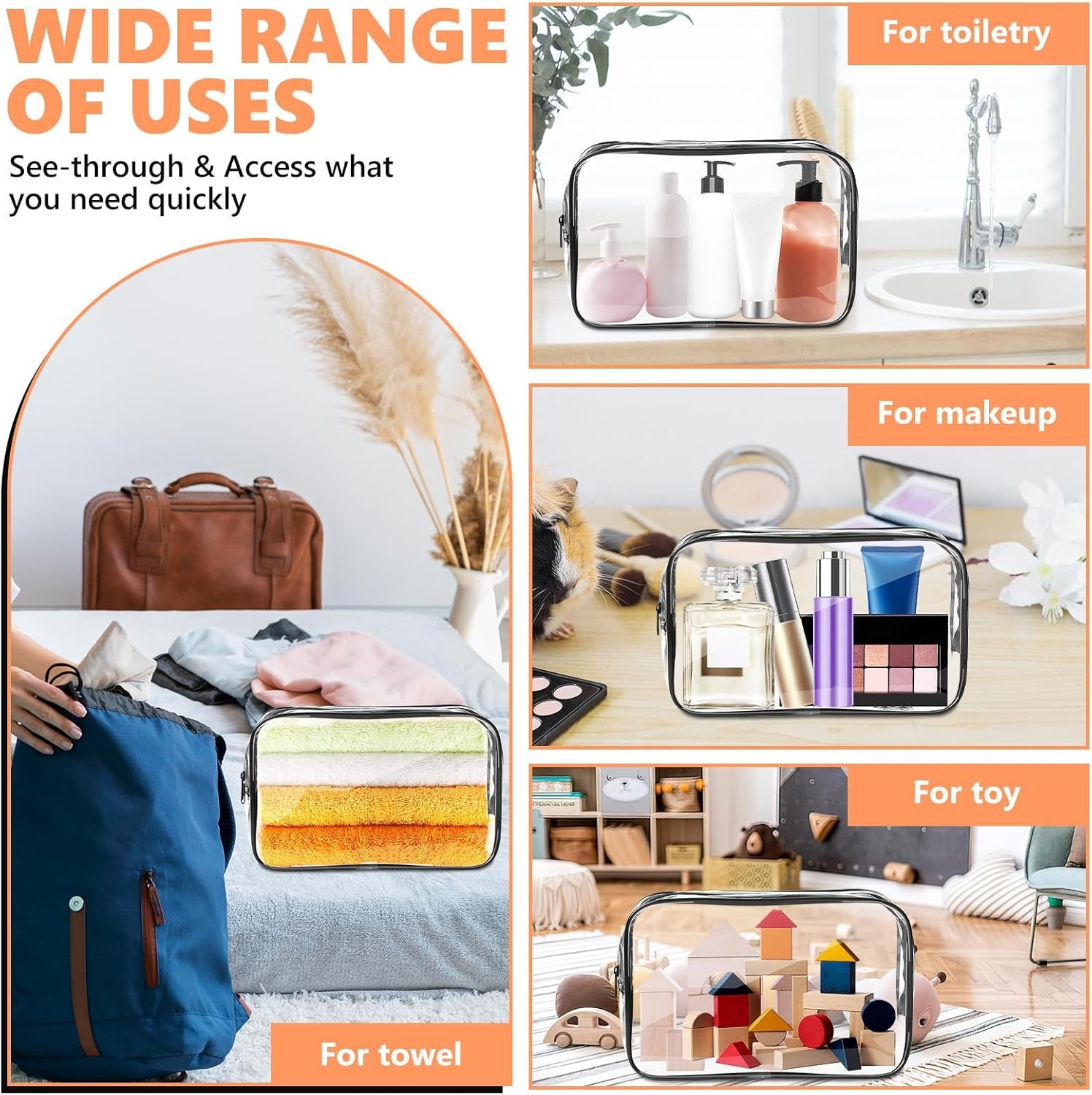 AURUZA Clear Makeup Bag,Portable Travel Toiletry Bags with Zipper, TSA Approved Clear Organizer Bags, PVC Cosmetic Pouch for Airport Airline Compliant - Image 6