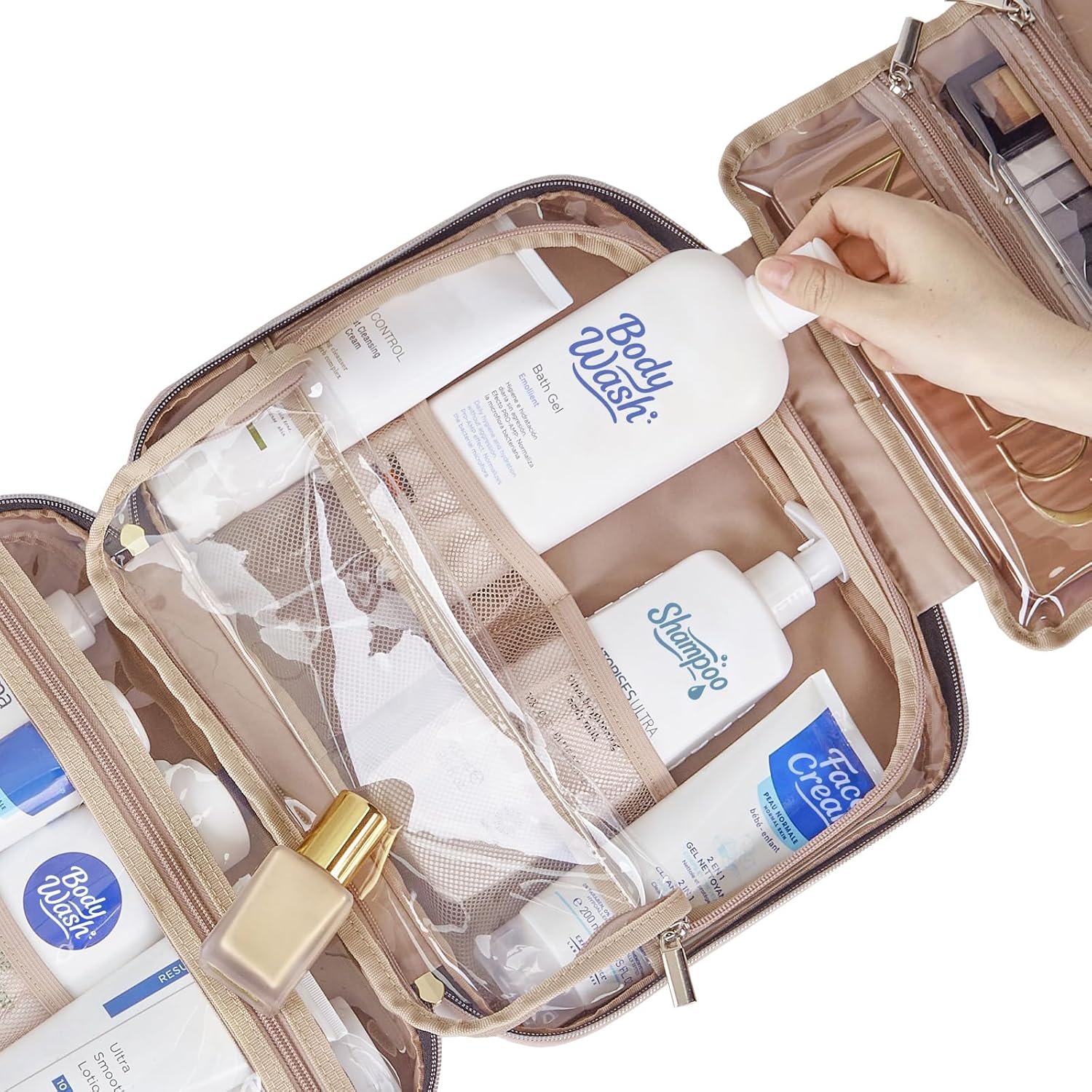 NISHEL Travel Toiletry Bag for women, Portable Hanging Organizer for Full-Sized Shampoo, Conditioner, Brushes Set, Makeup Accessories, Large Size, Pink - Image 5