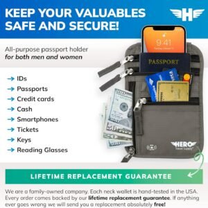 HERO Neck Wallet, RFID Blocking Passport Holder, Easy to Conceal Travel Pouch