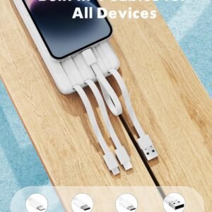 Charmast Portable Charger with Built in Cables, Power Bank with Cords Wires, Slim 10000mAh Travel Battery Pack 6 Outputs 3 Inputs 3A Fast Charging for Samsung Google Pixel LG Moto iPhone iPad
