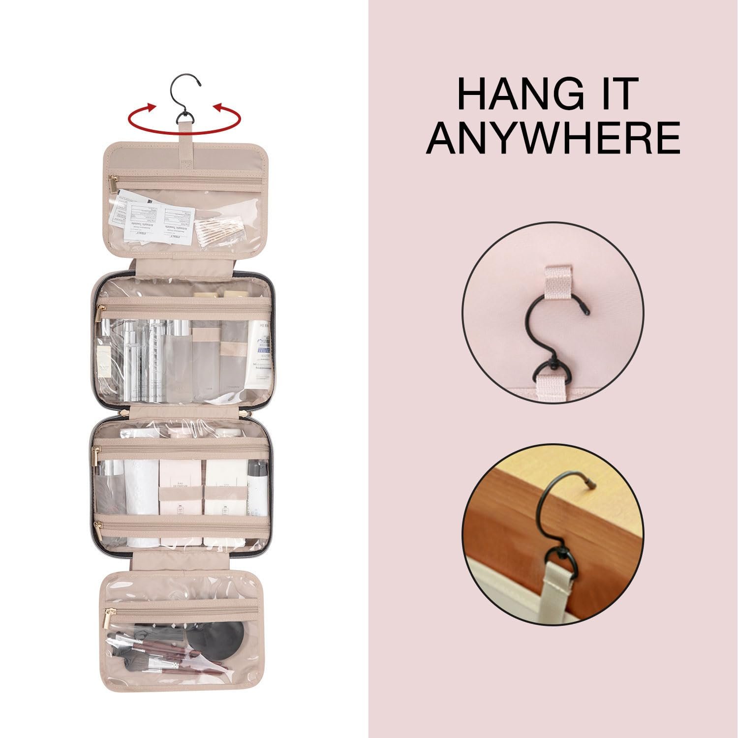 BAGSMART Toiletry Bag Travel Bag with Hanging Hook, Water-resistant Makeup Cosmetic Bag Travel Organizer for Accessories, Shampoo, Full-size Container, Toiletries (Baby Pink, Medium) - Image 3