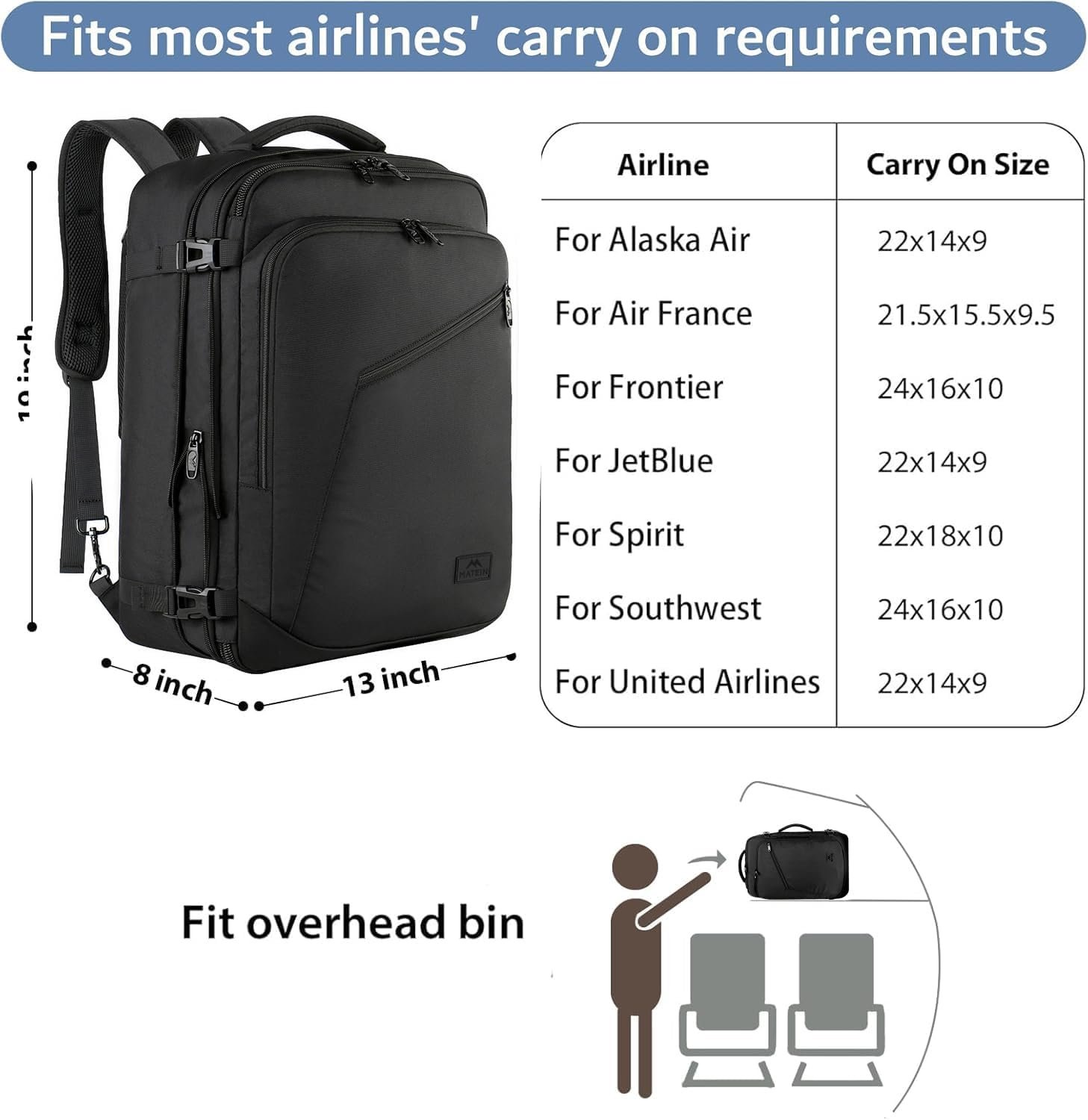 MATEIN Carry on Backpack, Extra Large Travel Backpack Expandable Airplane Approved Weekender Bag for Men and Women, Water Resistant Lightweight Daypack for Flight 40L, Black - Image 2