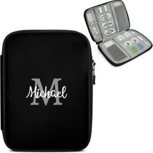 Custom Black Cord Organizer Travel Bag with Name, Personalized Electronics Organizer Travel Case, Customized Tech Accessories Pouch Gifts for Mom Dad Couple Men Women